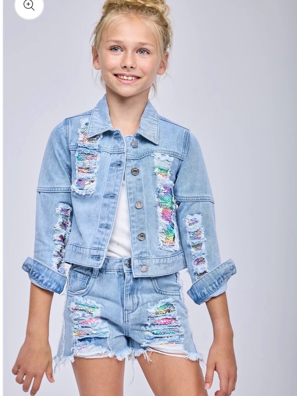 Hannah Banana Light Blue Denim Jacket with Iridescent Sequin Accents